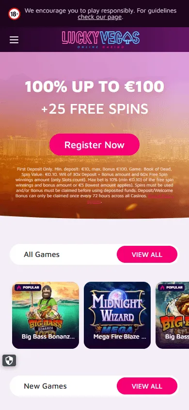Lucky Vegas Australia home screen on a mobile device