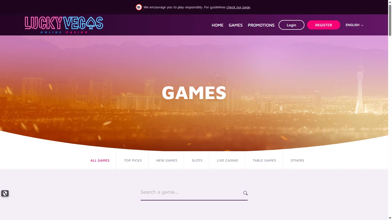 Lucky Vegas casino games screen with pokies and live casino categories
