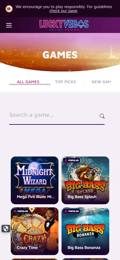 Lucky Vegas casino games screen on a mobile device